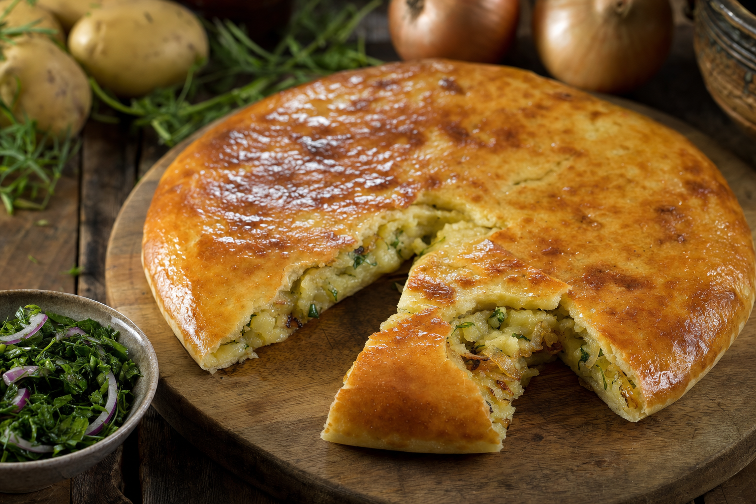 Kartofiliani Khachapuri — Soft yeast flatbread stuffed with mashed potato, fried onion and fresh herbs