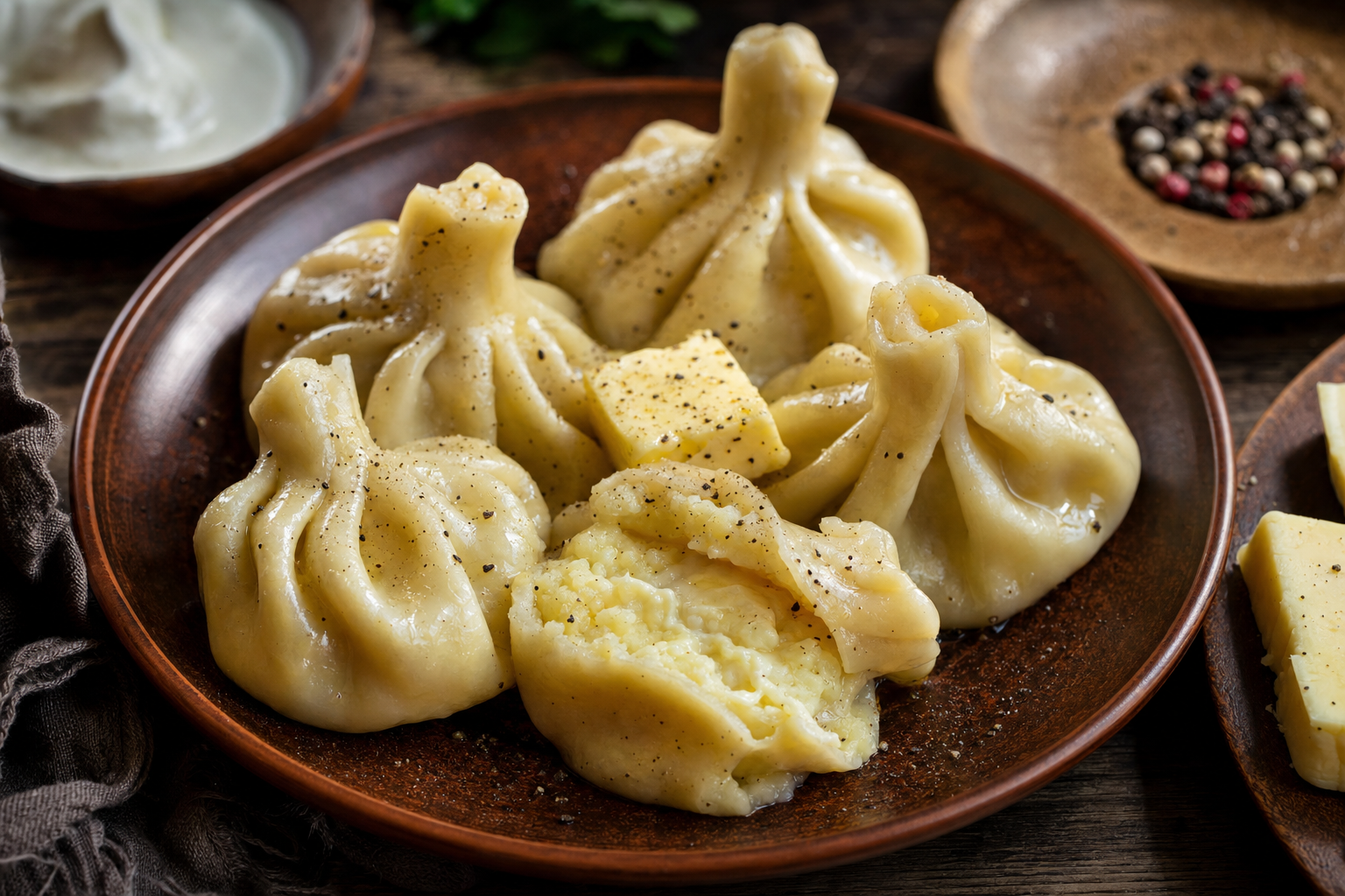 Kartopiliani Khinkali — Georgian potato dumplings with a knob of butter and plenty of black pepper