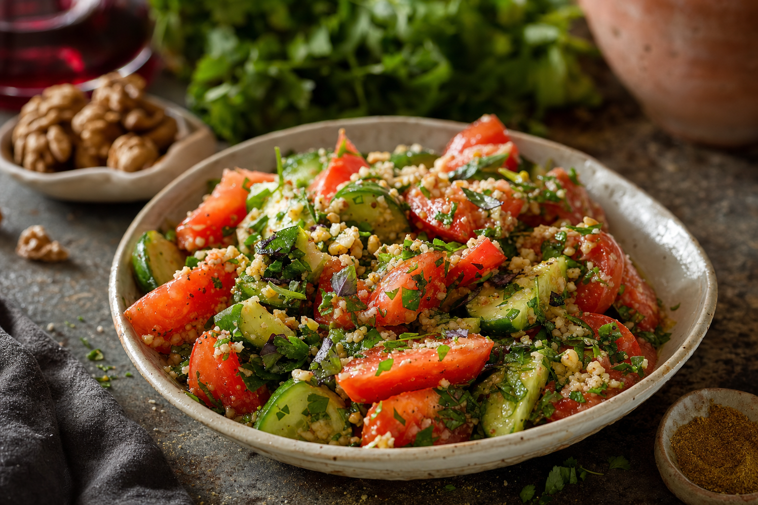 Kartuli Salata Nigvzit — Summer vegetables with crushed walnuts, herbs and Kakhetian oil