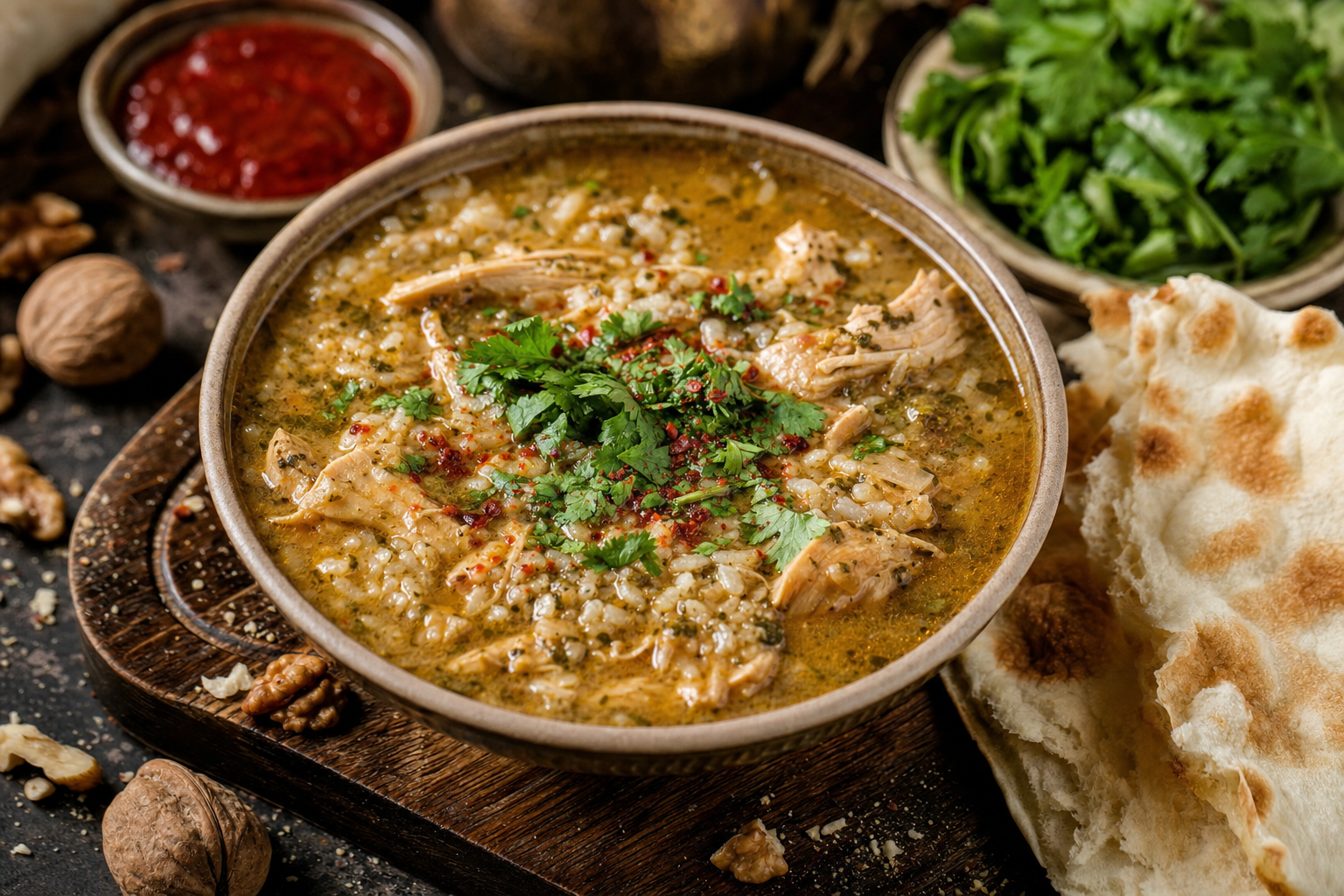 Katmis Kharcho — Georgian chicken soup with walnuts, rice and khmeli-suneli