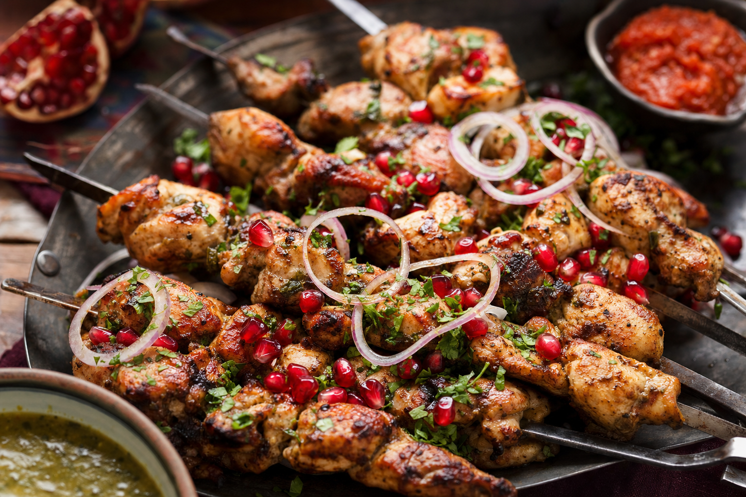 Katmis Mtsvadi — Grilled chicken skewers marinated in tkemali, with onions and pomegranate