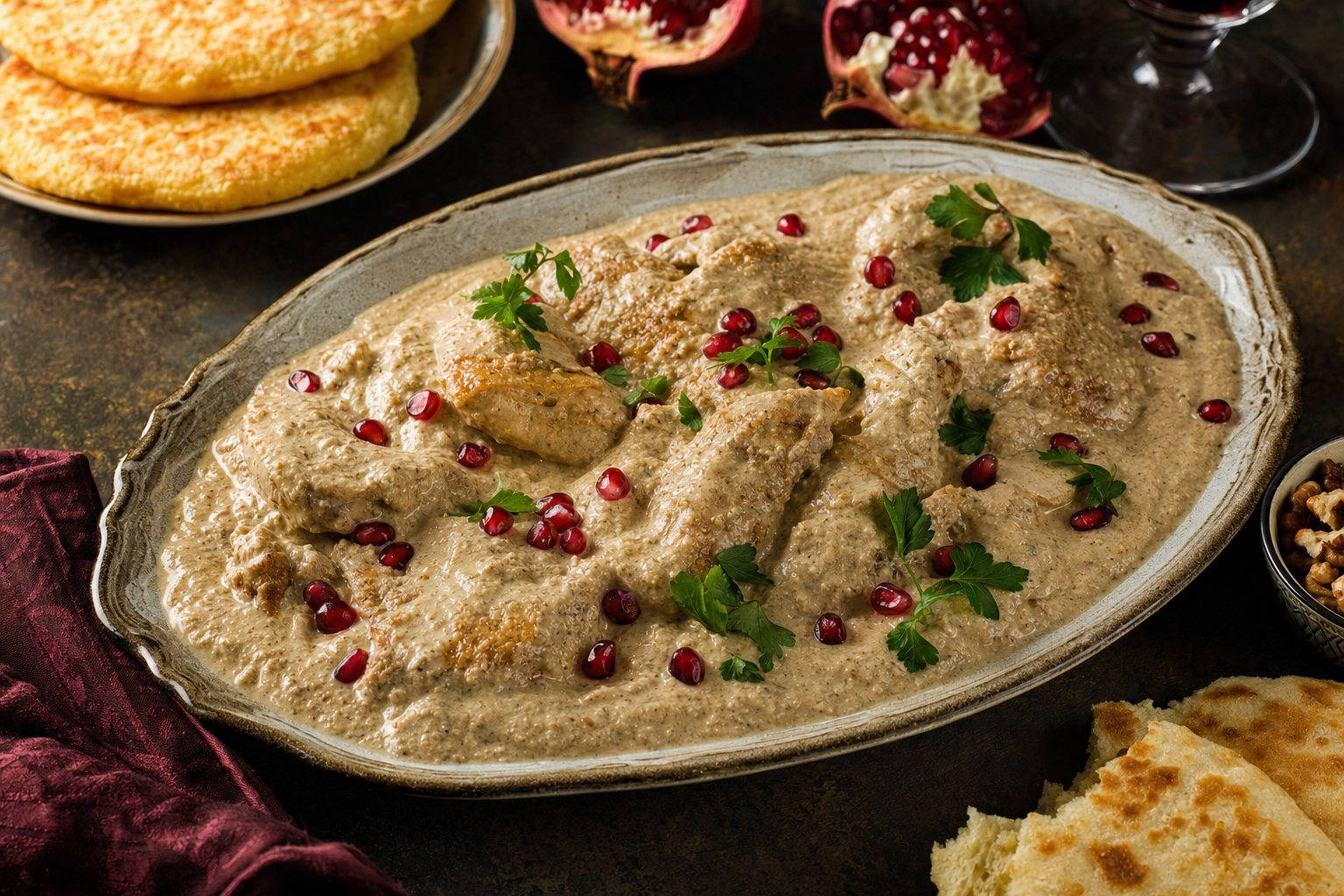Katmis Satsivi — Chicken in a cold walnut sauce with garlic, spices and pomegranate