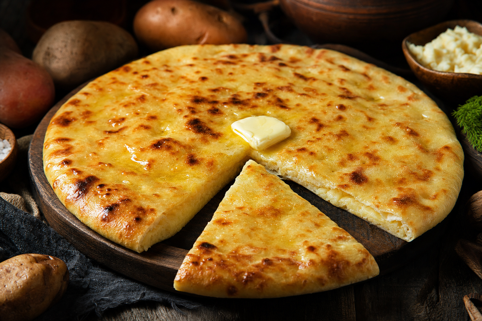 Khabidzgina — Ossetian cheese and potato bread: thin, piping hot and brushed with butter