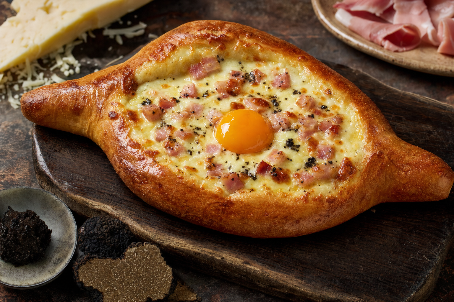 Khachapuri with Cheese and Ham — Georgian cheese bread, boat-shaped, with ham, truffle and an egg yolk