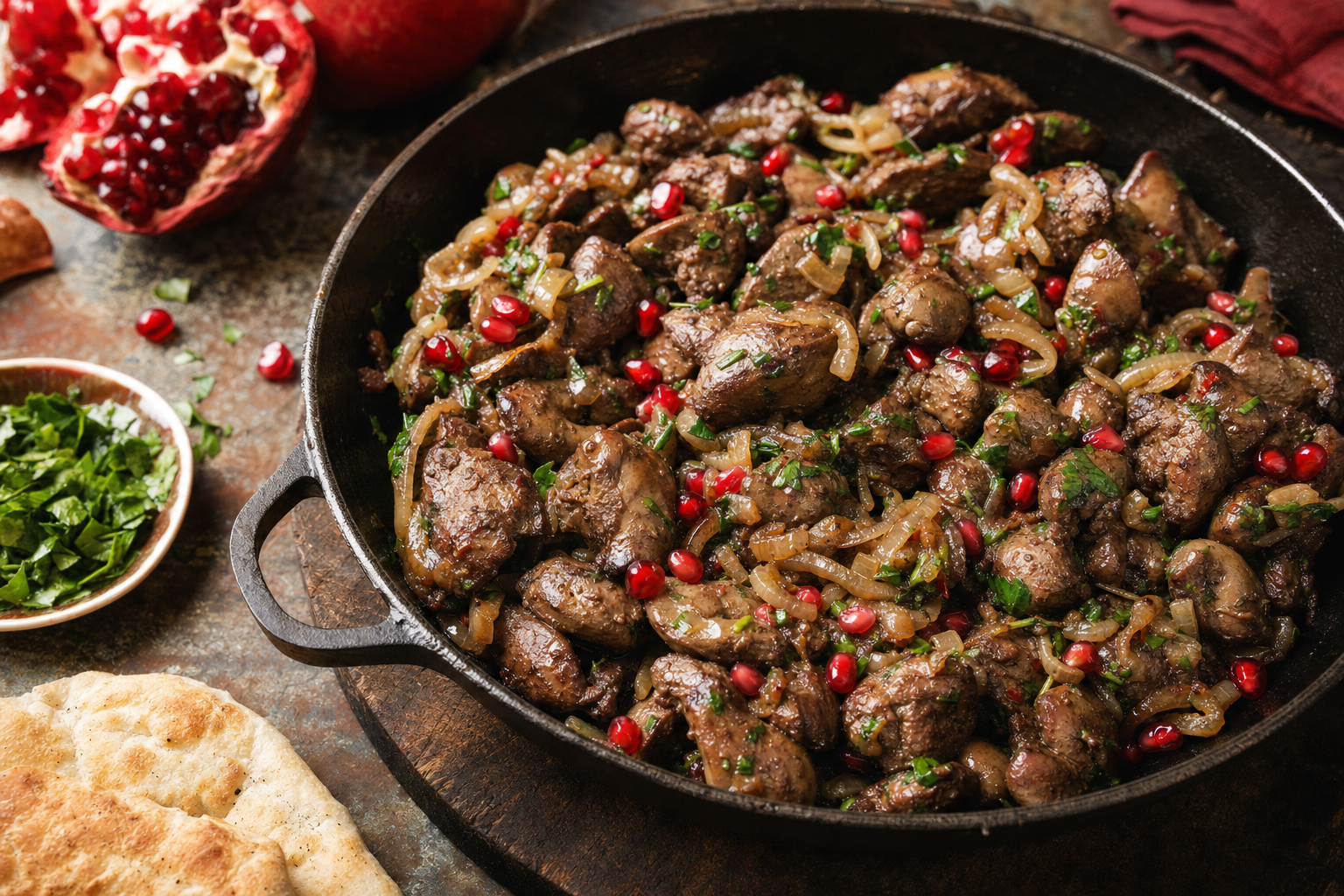 Kuchmachi — Georgian braised offal with garlic, cilantro and pomegranate seeds