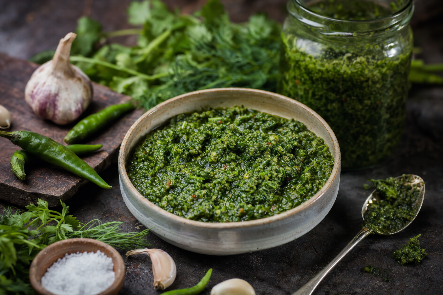 Green Ajika — An uncooked paste of green chilies, garlic and a mountain of fresh herbs