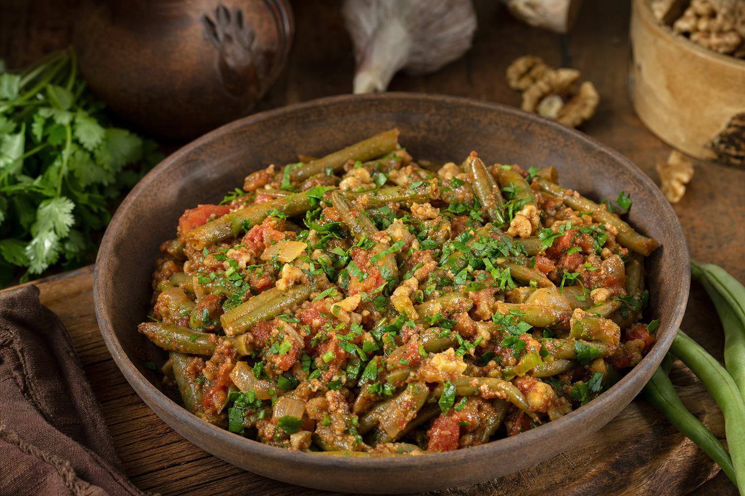 Lobio with Green Beans — Georgian braised green beans with tomatoes, garlic, cilantro and walnuts