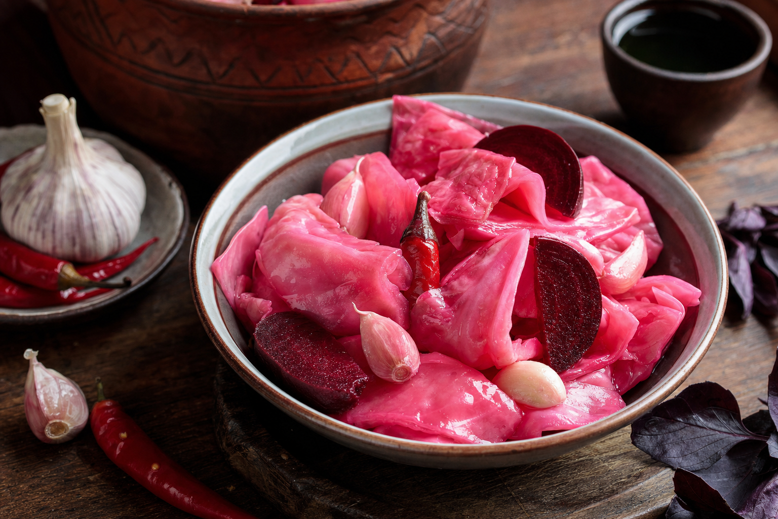 Mzhave Kombosto — Crisp cabbage in brine, stained pink by beetroot, with garlic and chilli