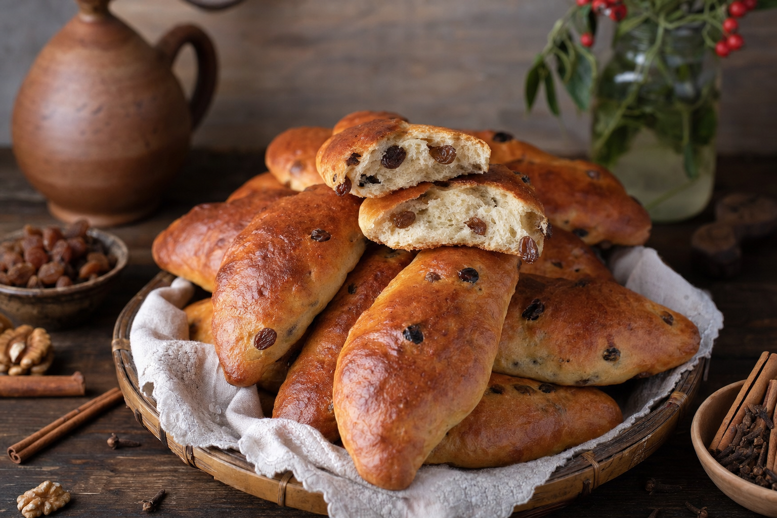 Nazuki — Sweet Georgian spice bread with raisins, cinnamon and cloves, warm from the oven
