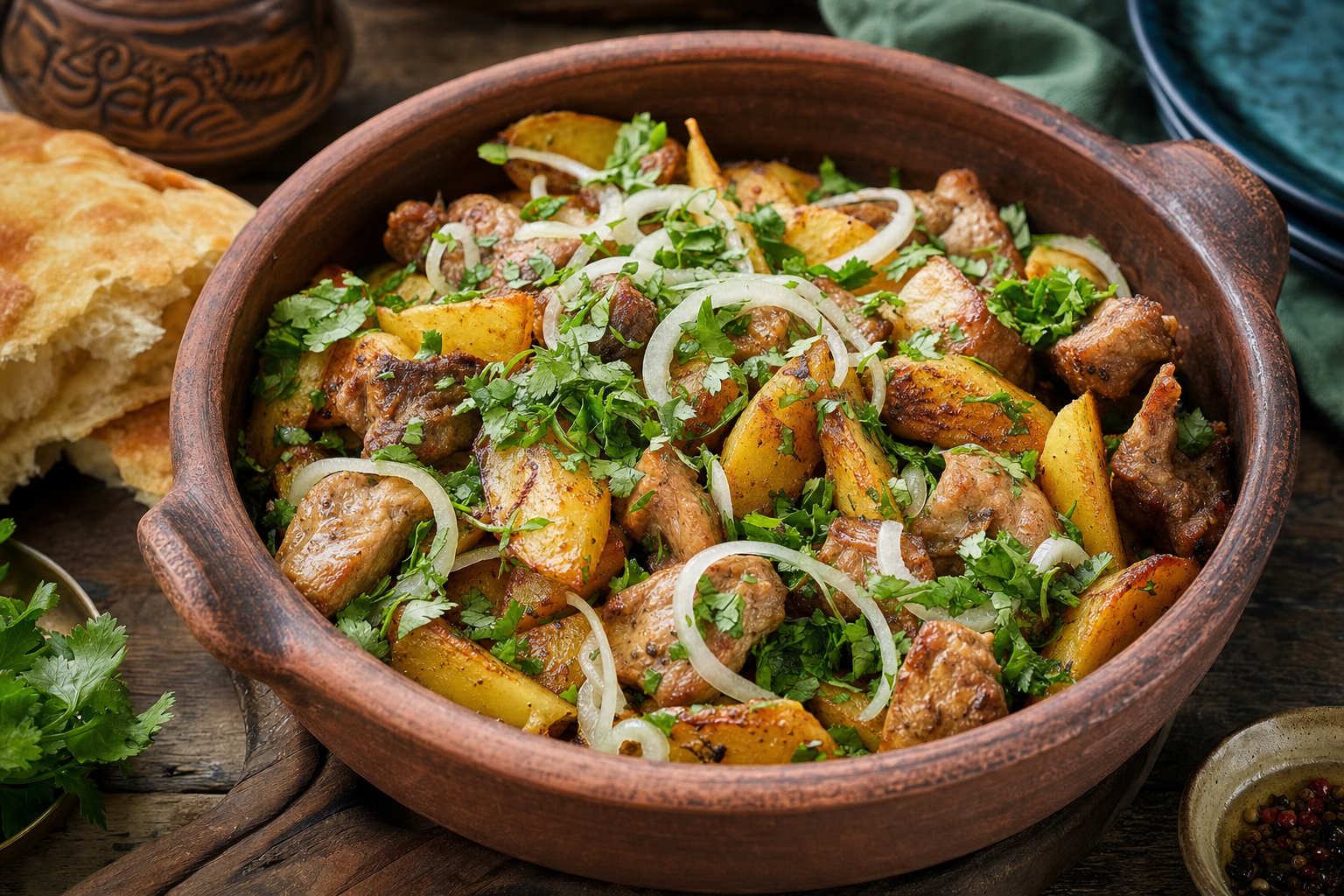 Ojakhuri — Georgian skillet of pork, crisp potatoes and cilantro