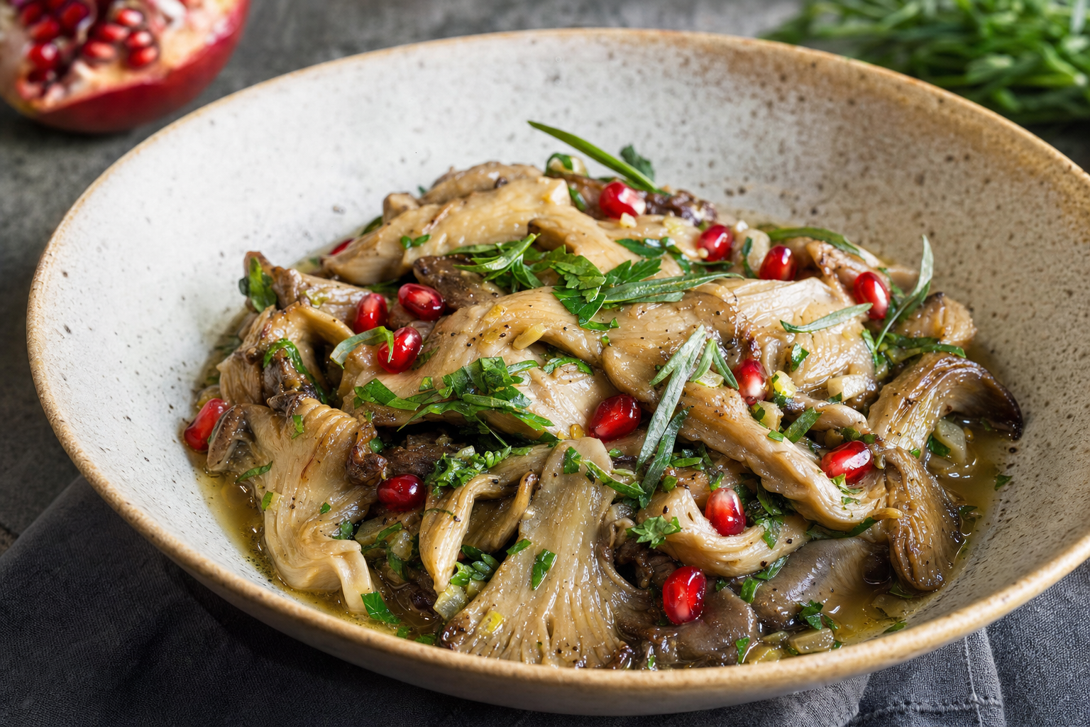 Soko Chashushuli — Georgian oyster mushrooms braised in white wine with tarragon and pomegranate