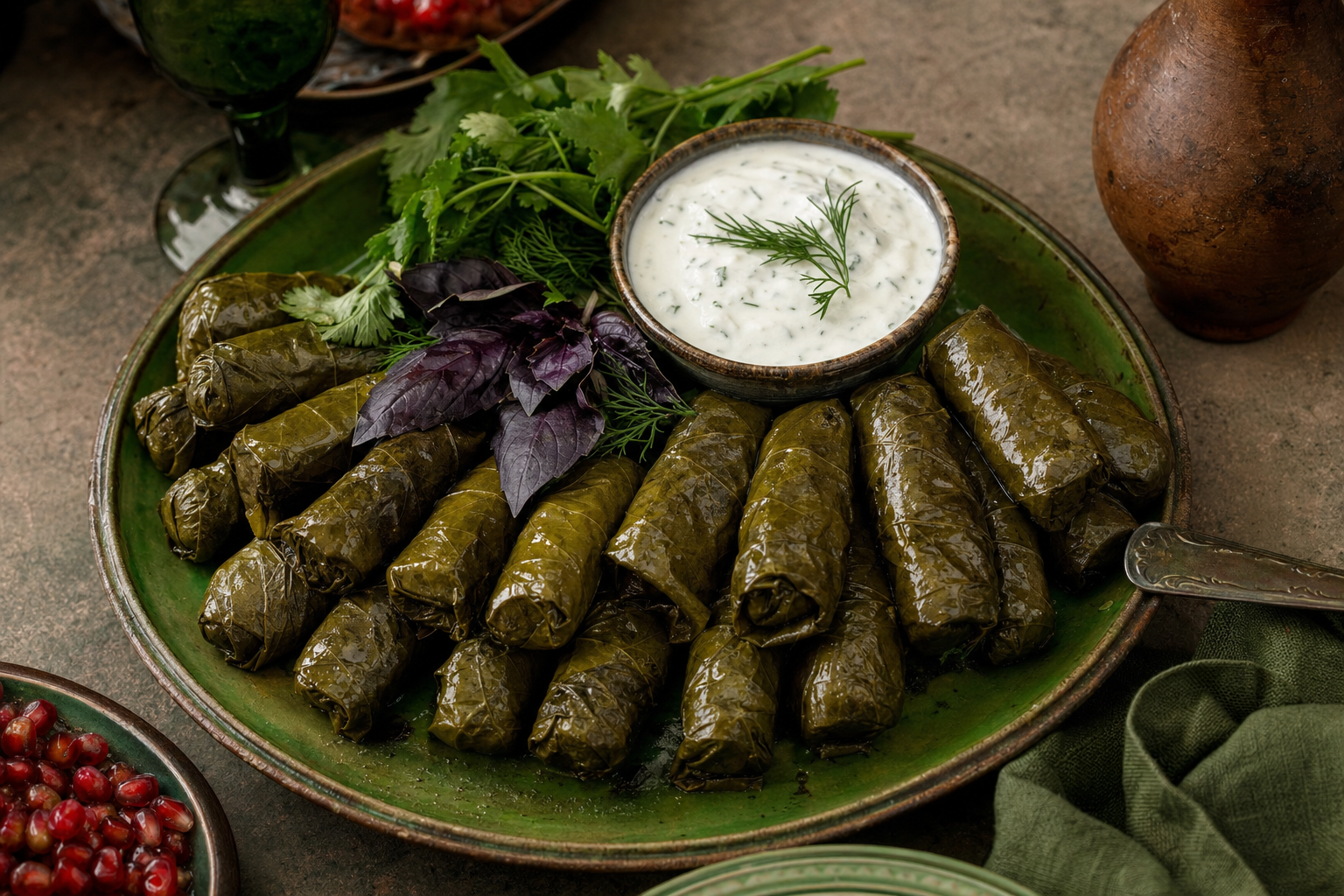 Tolma — Grape leaves rolled around spiced meat, rice and a mountain of herbs — with cold garlic yogurt