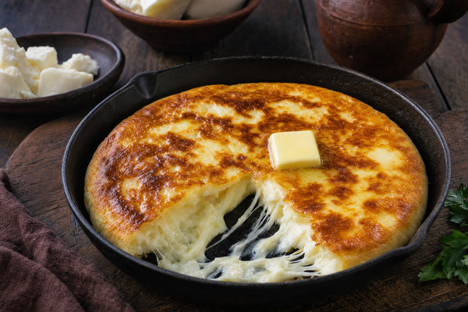 Zarmatsuli Khachapuri — The lazy khachapuri: a loose cheese batter fried golden in the pan